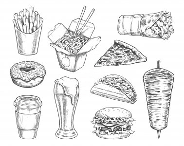 Street food retro illustrations vector set black and white engraving style icons
