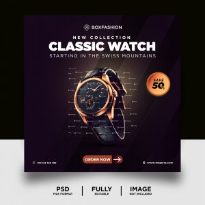 Dark color classic watch brand product social media post banner template