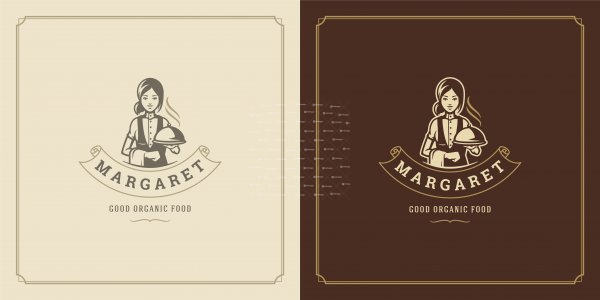 Restaurant logo - design illustration waitress holding cloche tray silhouette